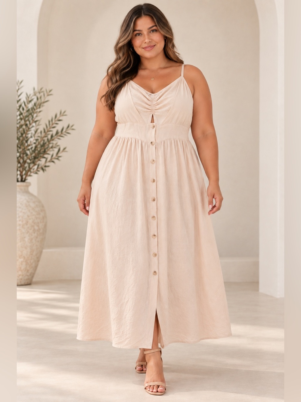 Fashion Nova 3X Blush Beige Button Front Maxi Dress
